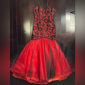 Red and black sequined ball gown , ankle length